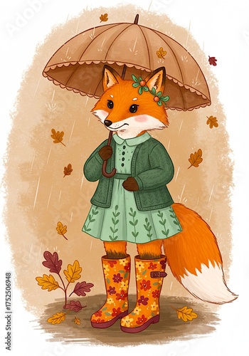 Autumn Fox Girl In Floral Dress Under Umbrella Wearing Rain Boots And Leaf Crown