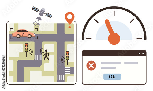 Smart city traffic map with sensors, satellite tracking cars, pedestrian signals, speedometer, alert window. Ideal for urban planning, technology, transportation, safety automation data analysis