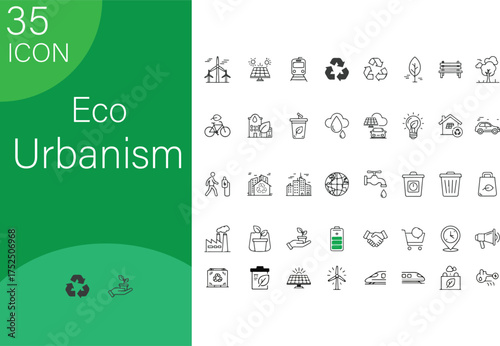 Collection of eco-urbanism icons representing sustainable city living and green technology silhouette