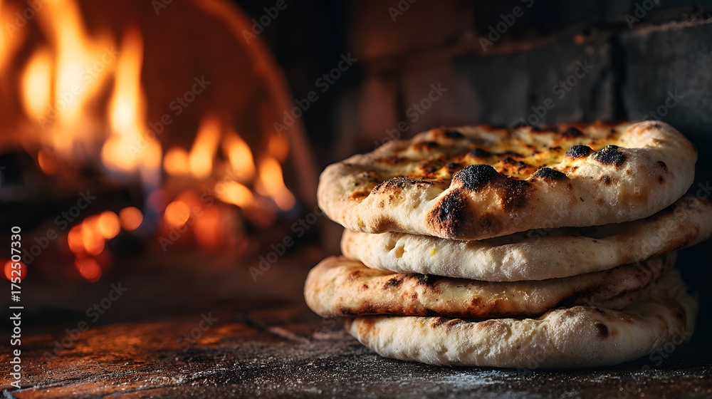 Fototapeta premium Freshly baked flatbreads are stacked near a warm, glowing oven.