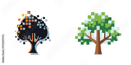 Digital pixelated trees illustration with square forms and flat colors.