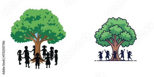 Green tree and kids illustrations in flat and outlined cartoon styles