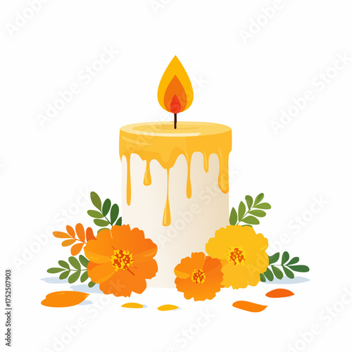 Illustration of a lit candle with dripping wax, surrounded by orange marigolds and green leaves on a white background. Dia de los muertos vector illustration clipart.