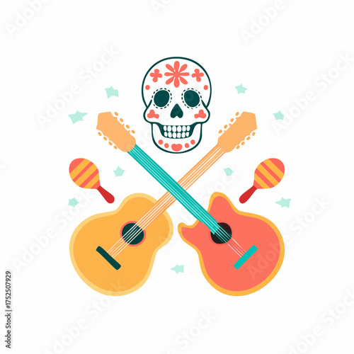 Colorful illustration featuring guitars, maracas, and a decorated sugar skull, celebrating a cultural tradition. Dia de los muertos vector illustration clipart.