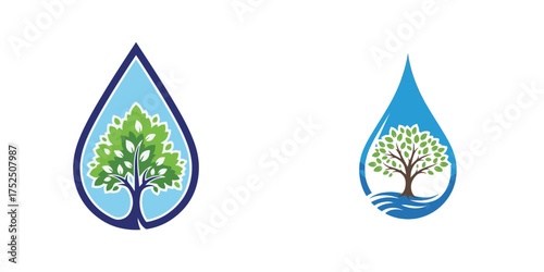 Stylized Tree Inside Water Drop Vector Logos with Green and Blue.