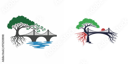 Illustrative Nature and Architecture Logos: Trees, Bridges, Roots, Water