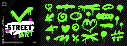 Green toxic heart spray paint icon with neon arrow and acid splatter effect for urban design.