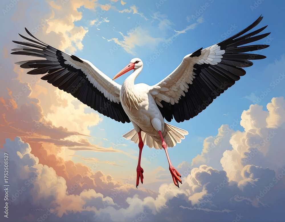 Naklejka premium A large bird with outstretched wings soaring through a bright, cloudy sky
