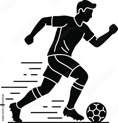 Silhouette of a soccer player dribbling the ball with speed lines