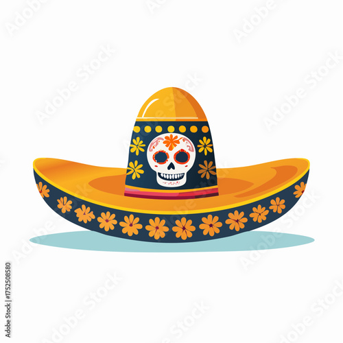 A colorful sombrero with a skull and flower design, resting on a light blue surface. Dia de los muertos vector illustration clipart.