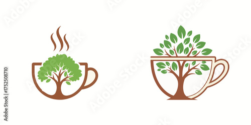 Natural Tree and Hot Drink Cup Logos, Green and Brown Design