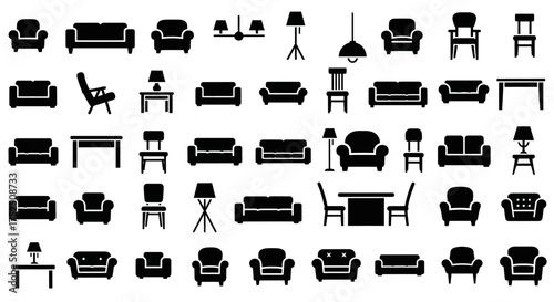 A collection of black and white silhouette illustrations depicting various furniture items, including sofas, chairs, tables, and lamps.