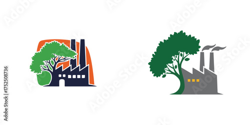 Modern Green Factory and Tree Industrial Ecology Logo Symbols