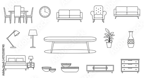 Line art illustration depicting various furniture pieces including sofas, chairs, tables, a bed, lamps, a clock, a plant, and a vase.
