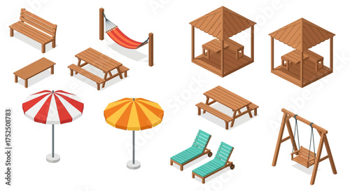 Isometric vector illustration featuring outdoor furniture elements: benches, picnic tables, gazebos, hammocks, beach umbrellas, lounge chairs, and a swing se...