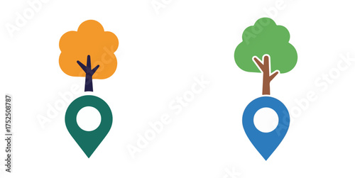 Flat Design Tree and Location Pin Icons with Autumn and Green Hues