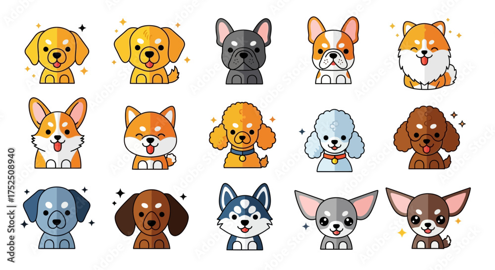 Obraz premium Collection of fifteen cartoon dog breed illustrations in a row, featuring various colors and styles, with sparkling effects.