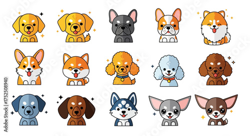 Collection of fifteen cartoon dog breed illustrations in a row, featuring various colors and styles, with sparkling effects.