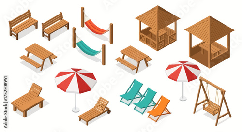 Isometric illustration featuring outdoor furniture including benches, picnic tables, hammocks, gazebos, umbrellas, lounge chairs, and a swing on a white background.