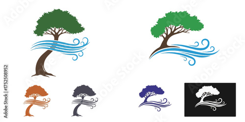 Stylized Tree with Flowing Blue Water or Wind Symbol Vector Design