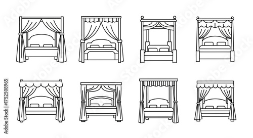 A collection of eight different canopy bed illustrations, each featuring a unique design and style, presented in a clean, minimalist line art style.