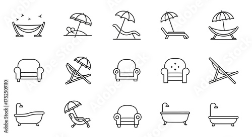 A collection of minimalist line art icons depicting relaxation and leisure, including hammocks, beach chairs with umbrellas, armchairs, and bathtubs.