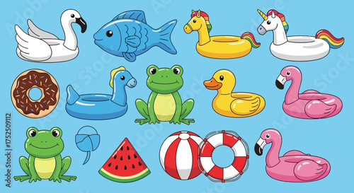 A collection of colorful inflatable pool floats including a swan, fish, unicorn, donut, frog, duck, flamingo, and watermelon on a blue background.