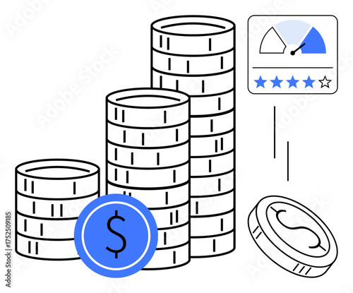 Stacked coins, a blue coin with a dollar sign, performance gauge, and a star rating. Ideal for finance, investment, banking, savings credit budgeting profit growth. Simple flat metaphor