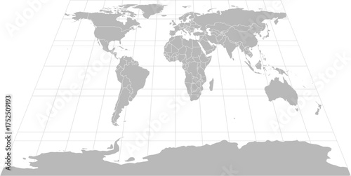 World vector map with country boundaries and graticules (Bottom-Near Top-Far perspective, PPT-compatible & fully editable)