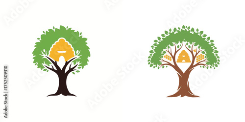 Green Tree Beehive Logo with Letter A in Organic Style
