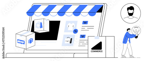 Online storefront with products, shopping cart, and package delivery. Man carrying lightbulb symbolizes ideas. Ideal for e-commerce, technology, retail, entrepreneurship, creativity innovation