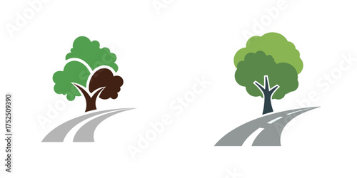 Flat Vector Illustration of Tree and Winding Road Landscape