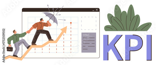Professionals climb upward arrow on graph, using umbrella for protection. Ideal for teamwork, success, business growth, leadership, goal tracking, strategy planning, simple flat metaphor
