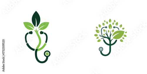 Holistic Health Stethoscope Logos with Green Leaves and Plant Elements