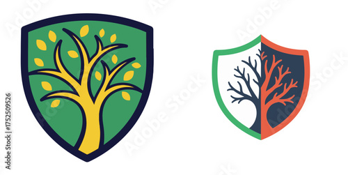Stylized Tree Shield Logos with Leafy and Bare Branch Designs