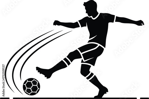 Silhouette of a soccer player kicking the ball with motion lines