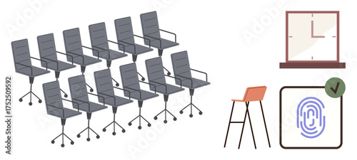 Rows of office chairs, a clock in a window, fingerprint authentication icon, and a stool. Ideal for workplace organization, security, time management, corporate culture, digital tools ergonomics