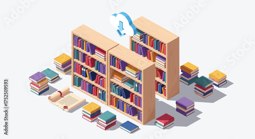 Modern digital library with cloud download shows document scroll, promoting online learning and ebook accessibility for remote students and researchers