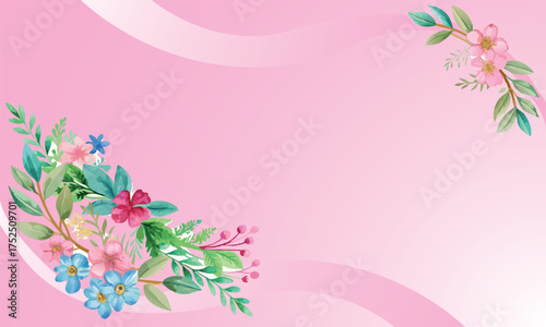 Delicate Pink Flowers and Green Leaves Floral Border