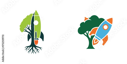 Illustrative Tree and Rocket Combination Logos on White Background