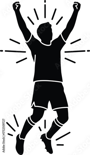 Silhouette of a triumphant athlete celebrating a victory with arms raised