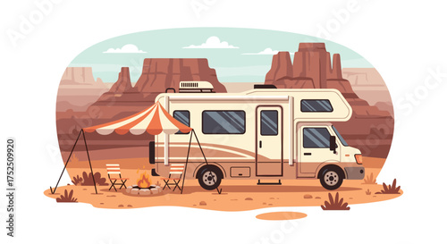 Adventurous family road trip in a modern RV, enjoying the beautiful desert scenery and campfire under the stars, perfect for travel and lifestyle campaigns