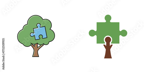 Stylized Tree and Puzzle Piece Concept Vector Illustrations on White Background
