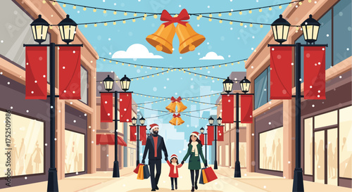 Family joyfully celebrates the holiday season shopping on the decorated city street, creating heartwarming memories in the snowy winter weather