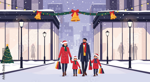 Happy family enjoys magical Christmas shopping in charming snowy city, creating cherished memories during holiday season, spreading joy and festive spirit