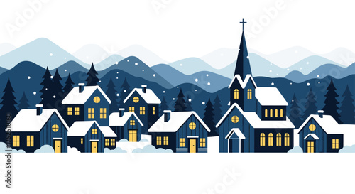 Charming winter village scene with snow-covered houses and a church against a backdrop of blue mountains, perfect for holiday season designs and festive greetings