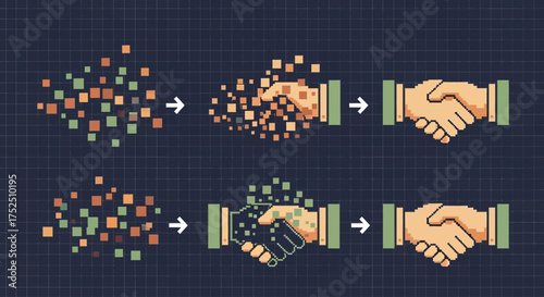 Pixel art illustration showing two processes of forming a handshake from scattered squares, one dissolving and reforming, the other assembling into the hands.