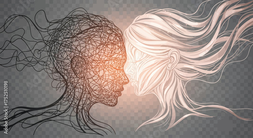 Two abstract female profiles, one dark and tangled, the other light and flowing, facing each other with a glowing connection, symbolizing duality and inner states.