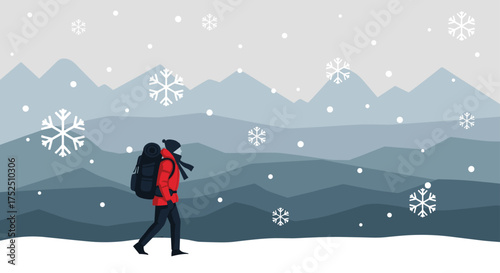 Brave hiker trekking through a stunning snowy mountain landscape, a winter adventure filled with fresh air and the beauty of nature's quiet solitude
