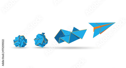 Evolution of origami models, starting with a crumpled shape and ending with a paper airplane.